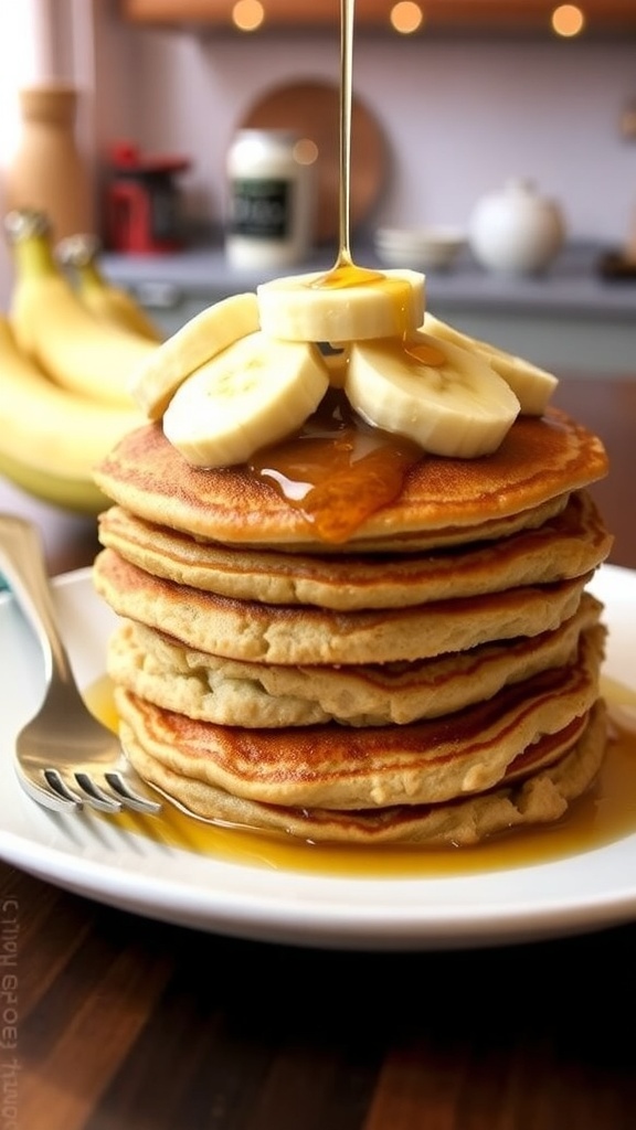 A stack of banana oat pancakes topped with banana slices and syrup on a white plate.